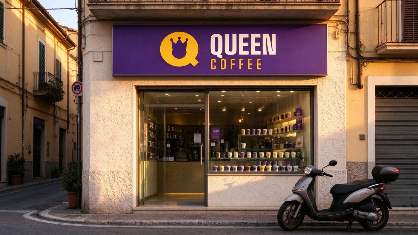 Insegna viola Queen Coffee sopra l'ingresso del negozio (simulazione)